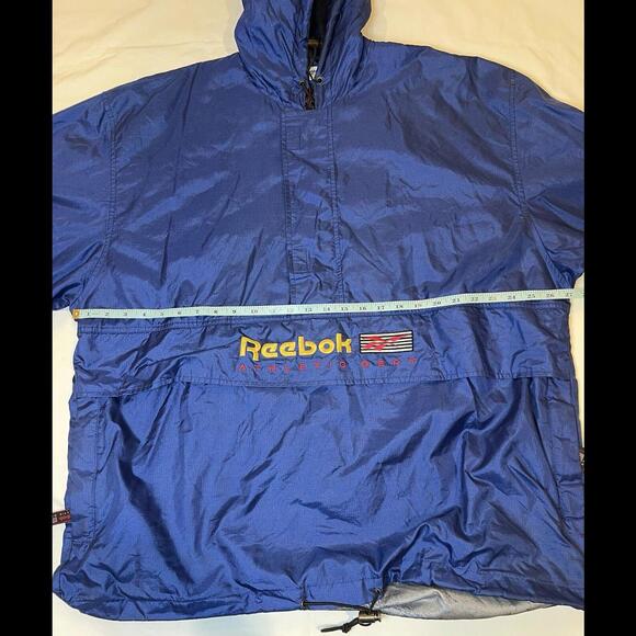 Reebok XL Windbreaker 1/4 Zip Roll-Up Hood Deep Blue 80s Style VTG‎ RARE - Picture 9 of 9